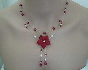 Collier' Original Rouge bordeaux/Ivoire pr robe de Mariée/Mariage/Soirée Fleur Perles ( petit prix, pas cher)