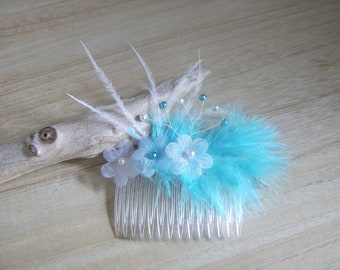 Hair Accessory Bun Comb Customizable Color Turquoise Blue/White Pearls Flowers Feathers Bride/Wedding/Evening Unique Creation