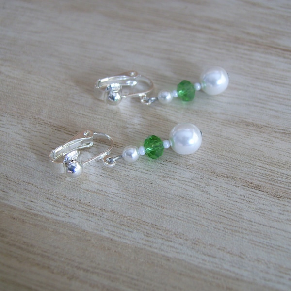 Boucles d'Oreille à Clips Blanc/Vert Anis/Pomme p robe d Mariée/Mariage/Soirée/Coktail perles Verre Cristal