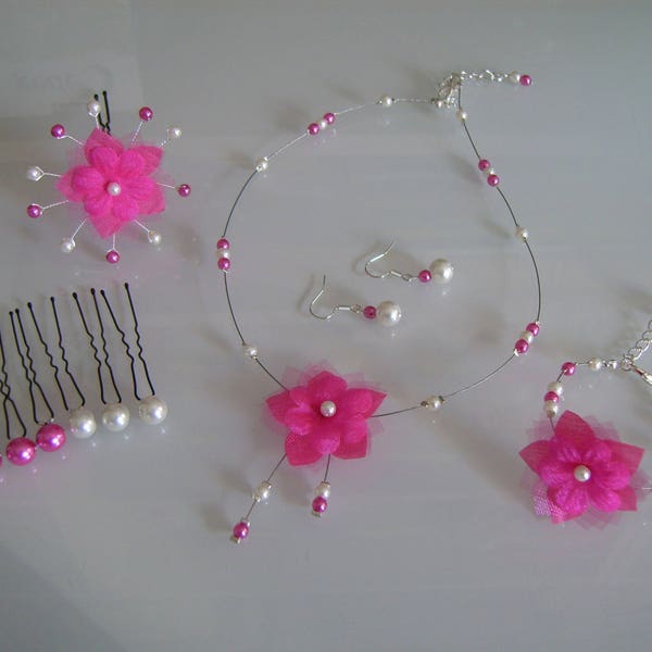 Parure (sans bracelet) bijoux Original Collier  Boucles d'oreille Pics cheveux Rose/Fuchsia/Ivoire  Mariée/Mariag/Soirée perles Fleur