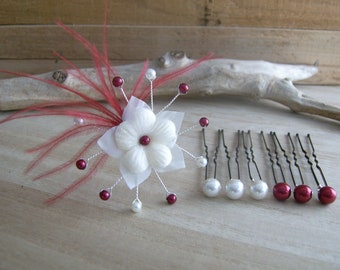 Lot Picks/Jewelry/Pins/Clips/Bun Hair accessory Bridal/Wedding/Evening/Ceremony Ivory (White)/Bordeaux Flower feathers