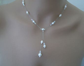 Collier Raffiné Original Blanc/Cristal ( dispo en ivoire/cristal) p robe de Mariée/Mariage/Soirée perles de verre nacrées ( pas cher, petit