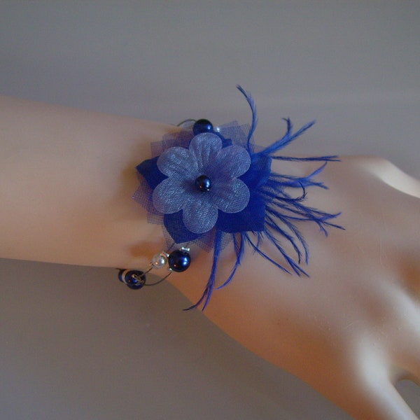 Bracelet original Ivoire/Blanc/Bleu Roi Royal Marine Foncé Mariéé/Mariage/Soirée/Cérémonie/Coktail ( pr robe de) perle fleur perle pas cher