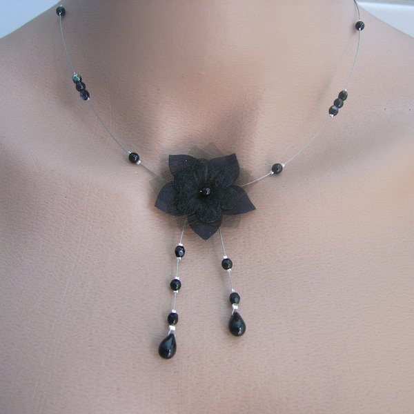 Collier Noir Verre Cristal pr robe de Mariée/Mariage/Soirée/Cérémonie, perles Fleur Original Oïana Création Française Artisanal(pas cher)