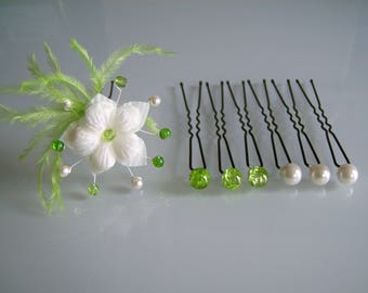 Lot Pics/Bijoux/Epingles/Pinces/Chignon Cheveux accessoire p robe  Mariée/Mariage/Soirée/Cérémonie/Coktail Ivoire/Vert Anis/Pomme (dispo en Blanc/vert anis) Fleur Plume