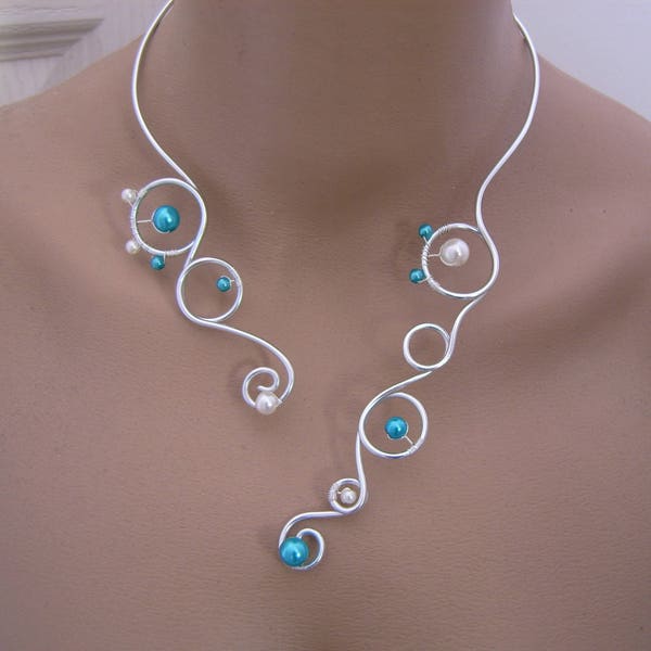 Collier Original Bleu Turquoise/Ivoire/crème/Blanc cassé/Argenté pr robe de Mariée/Mariage/Soirée/Cérémonie/Coktail Perles (pas cher)