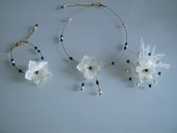 Set Child Jewelry Necklace Bracelet Clip Blue Hair Accessories Dark Navy ivory gold bridal Wedding Party Ceremony Cocktail cheap Etsy UK