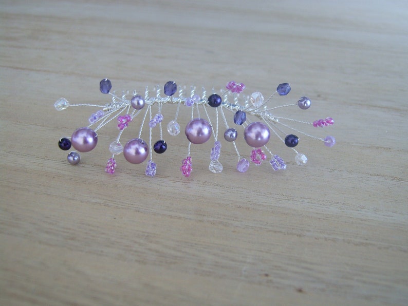 Peigne Mariage Mariée Accessoire cheveux bijou Couleurs Personnalisables Violet/Mauve/Parme/Prune Perles Cristal Soirée Cérémonie Cocktail image 1