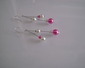 Boucles d'Oreilles Raffinées  Ivoire Rose/Fuchsia/Argenté p robe de Mariée/Mariage/Soirée/Cérémonie Perles nacrées, clips possibles (pas cher)