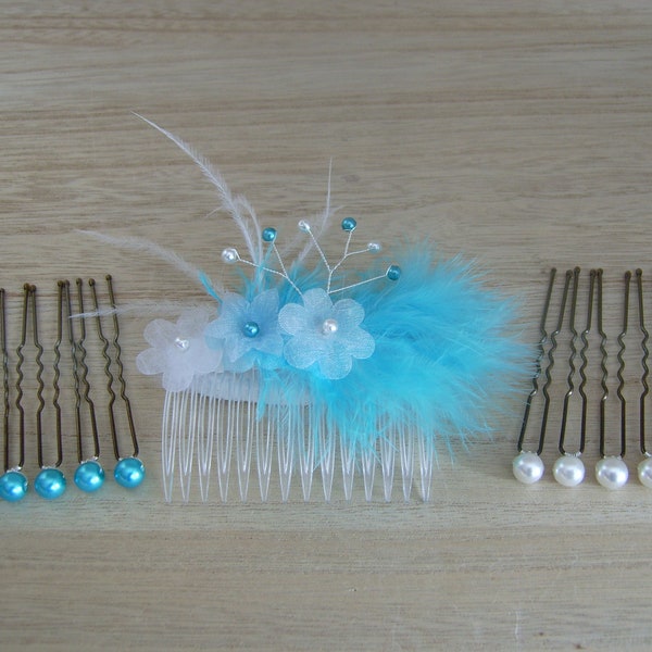 Accessoire de cheveux/Pic/Pince/épingle/chignon peigne Couleur personnalisable Bleu turquoise/Blanc Perles Fleurs Plumes Mariée/Mariage