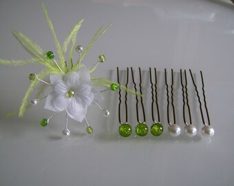 Lot Pics/Bijoux/Epingles/Pinces/Chignon Cheveux accessoire p robe  Mariée/Mariage/Soirée Blanc/Vert Anis Fleur Plume (pas cher)