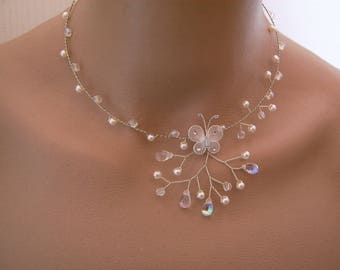 Collier Ivoire/Blanc/Cristal/Argenté, p robe de Mariée/Mariage/Soirée/Coktail/Cérémonie Papillon/Perles (petit prix pas cher)