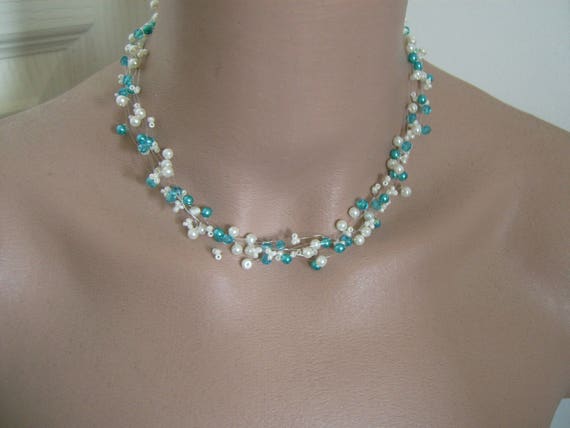 Jewelry beads Necklace blue Turquoise/ivory/cream/Ecru/beige glass crystal p dress with pearls bridal/wedding/party/ceremony/cocktail not