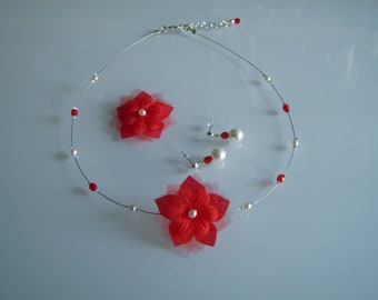 Parure bijoux enfant femme Collier/Boucles/Barrette pince Rouge Blanc ou ivoire robe Mariée/Mariage/Cérémonie perles Fleur original pas cher