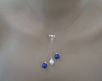 Collier Raffiné Original Ivoire/Bleu Roi/Marine/Foncé/Nuit (Dispo en Blanc/Bleu) p robe de Mariée/Mariage/Soirée perles nacrées (pas cher)