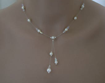 Collier Raffiné Délicat Original Ivoire /Cristal ( dispo en blanc/cristal) p robe de Mariée/Mariage/Soirée/Cérémonie perles de verre nacrées