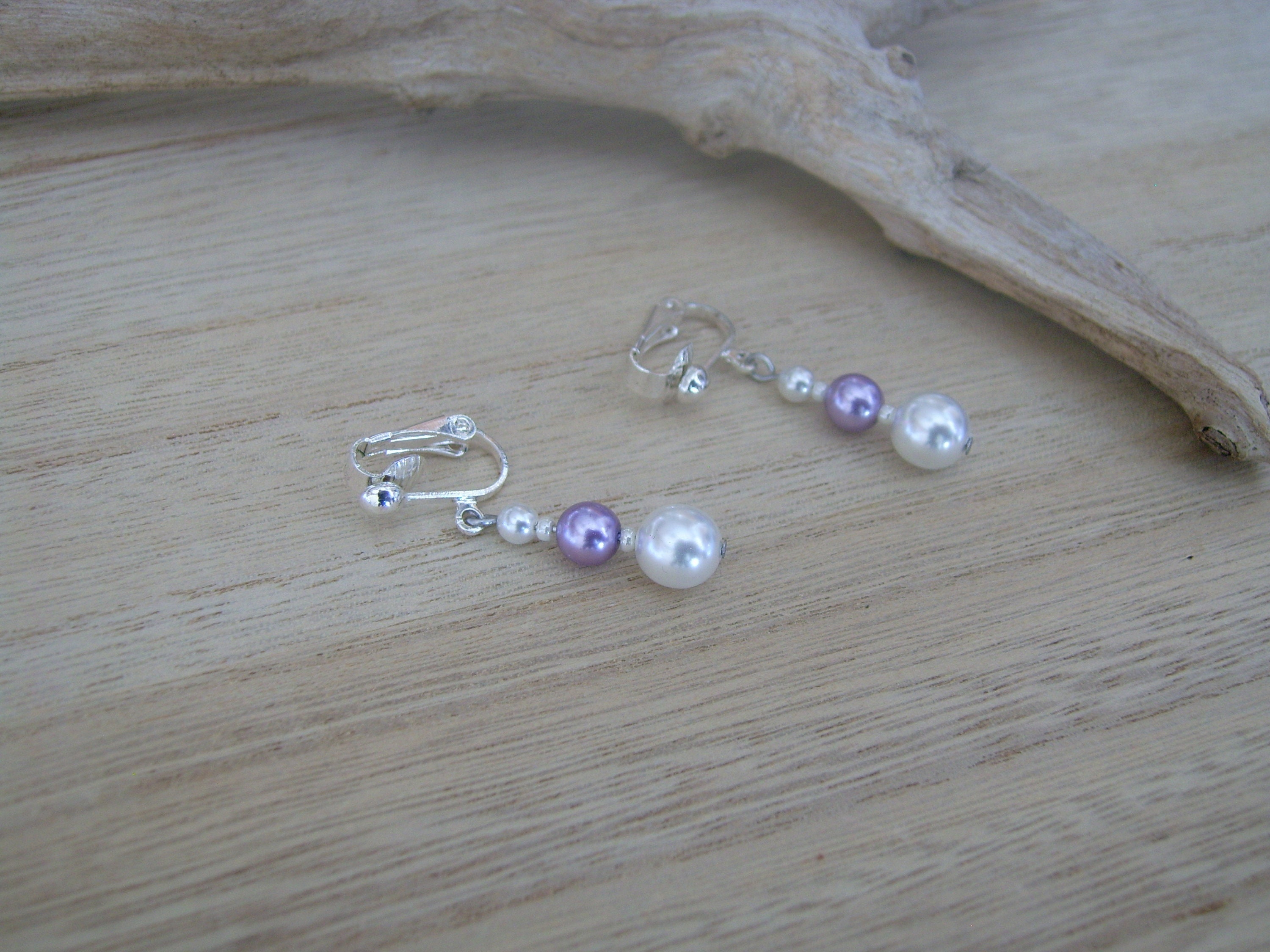Boucles D'Oreilles Fantaisie Perles Blanc/Violet – Mariage, Cérémonie – Pas Cher