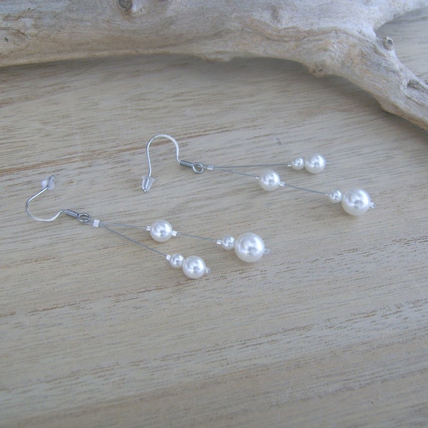 Boucles d'Oreilles Blanc Ivoire femme pendantes Longues Perles Mariée Mariage Soirée coktail Cérémonie Style perle culture, clips possibles