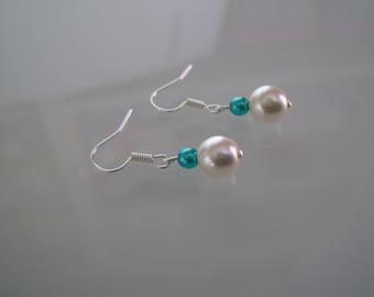 Boucles d'Oreilles Blanc Ivoire clair/ Bleu Turquoise  p robe de  Mariage/Mariée/Soirée/Cérémonie/Coktail perles clips possible