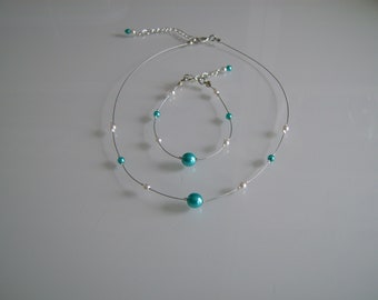 Parure bijoux Collier/Bracelet Blanc/Bleu Turquoise Mariée/Mariage/Cérémonie perles enfant femme original (pas cher, petit prix)