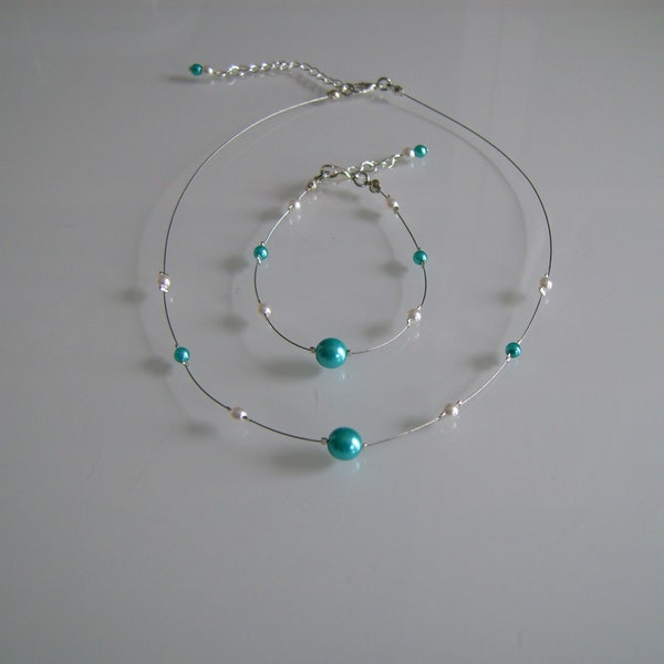 Jewelry set Necklace/Bracelet White/Blue Turquoise Bride/Wedding/Ceremony pearls child woman original (cheap, low price)