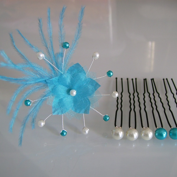 Lot Pics Bijoux/Epingles/Pinces/Chignon Cheveux Accessoire p robe Mariée/Mariage Turquoise/Ivoire Fleur Plume ( pas cher)