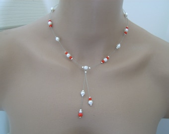 Collier Rouge/Blanc ( dispo ivoire/Blanc) p robe de Mariée/Mariage/Soirée/Réveillon/Fêtes Perles nacrées cristal bohème petit prix, pas cher