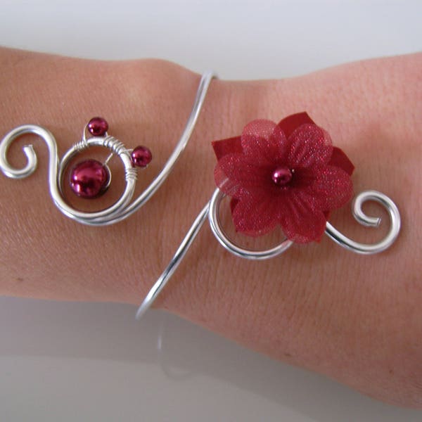 Bracelet Original Bordeaux/Rouge/Argenté, Aluminium p robe de Mariée/Mariage/Soirée/Cérémonie/Cocktail Fleur/Perles (petit prix pas cher)