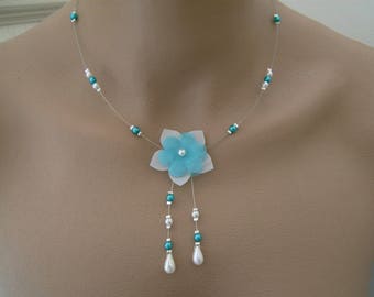 Collier Bleu Turquoise/Blanc pr robe de Mariée/Mariage/Soirée/Cérémonie/Coktail, perles nacrées Fleur original (pas cher, petit prix)