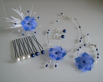 Parure enfant bijoux Collier bracelet Boucles Accessoires cheveux Bleu Roi Royale Marine Foncé/Blanc/Ivoire Mariée/Mariage/Soirée/Cérémonie