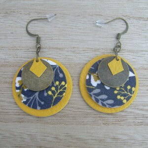 Earrings Plants Yellow Lemon Bright Grey Taupe Bronze Brown Leather/Fabric/Metal Oïana Creation Made in France