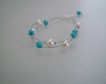 Bracelet Bijou Raffiné Délicat Ivoire/Bleu Turquoise (dispo en blanc/turquoise) pr robe de Mariée/Mariage/Soirée  perles nacrées