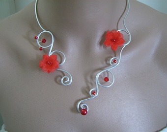 Collier Rouge/Argenté, Aluminium/Alu p Robe de Mariée/Mariage/Soirée/Cocktail Fleur/Perles (pas cher, petit prix)