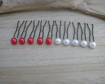 lot 10 Picks/clips/pins/hair accessories/Chignon Red White Pearly for dress Bridal / Wedding / Evening / Cocktail