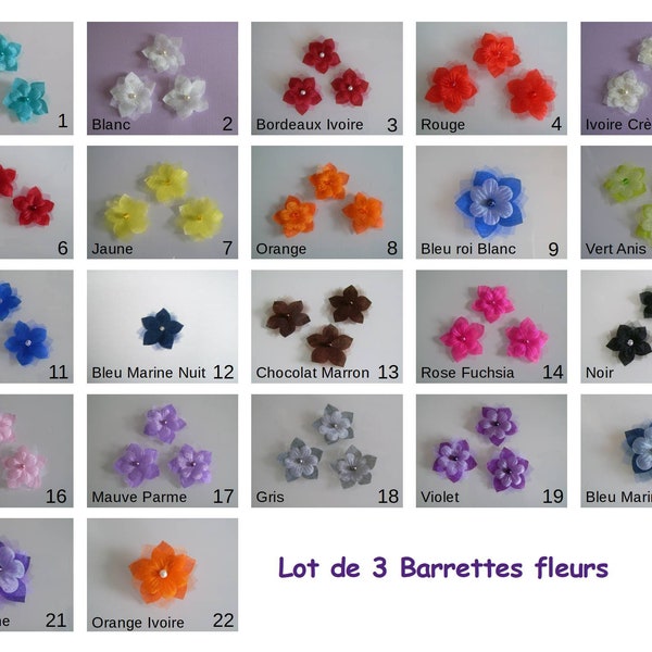 Lot de 3 Barrettes Pinces Fleurs Mariée/Mariage/Cérémonie/Communion Enfant Bébé Bleu Rose Bordeaux Turquoise Violet Marine Blanc Ivoire