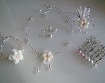 Child adornment jewelry necklace bracelet earrings spikes hair pink clear/ivory bridal / wedding / evening p {flower dress