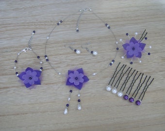 Jewelry Set Necklace Bracelet Earrings Hairpin/bun White Ivory/Purple Color Customizable Bride/Wedding/Evening