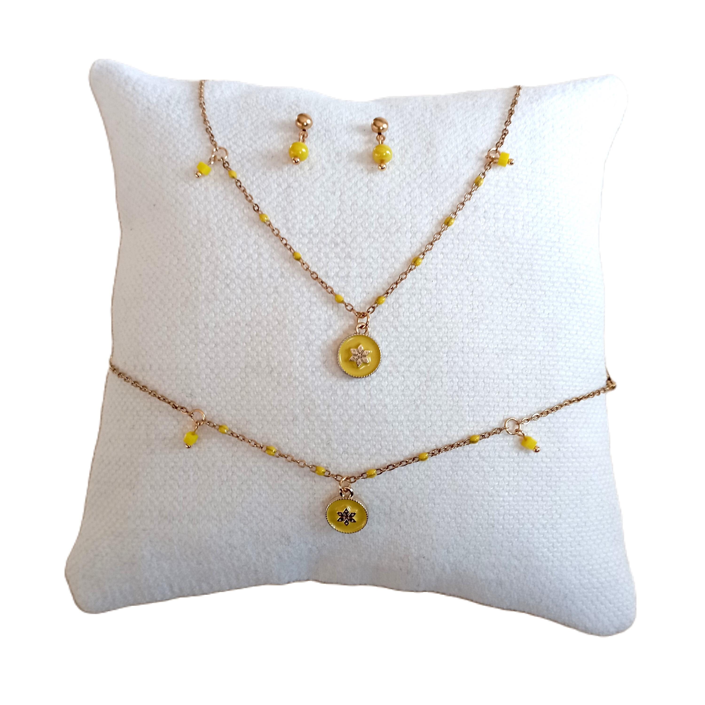 Mustard Yellow Flower of Life Star Pendant Chain Set Necklace Bracelet Buckle Stainless Steel Gold Birthday Christmas Gift for Women Girls