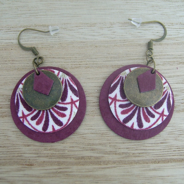 Earrings Dark purple plum cream pink japanese pattern flowers bronze leather/paper/metal oïana French creation made in France