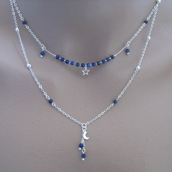 Collier chaîne 2 rangs double en Argent 925 Pendentif Etoile Lune Pierre Naturelle Gemme Lapis Lazuli Fabriqué en France Oïana Création