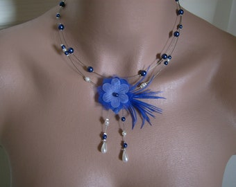 Collier Original Bleu Roi Royal Marine Electrique/Blanc Ivoire p robe de Mariée/Mariage/Soirée/Cérémonie/Coktail Fleur Plume Perles pas cher