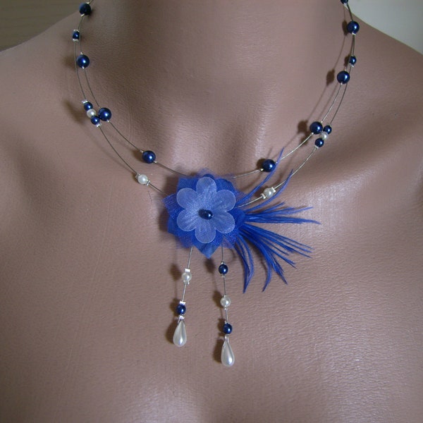 Collier Original Bleu Roi Royal Marine Electrique/Blanc Ivoire p robe de Mariée/Mariage/Soirée/Cérémonie/Coktail Fleur Plume Perles pas cher