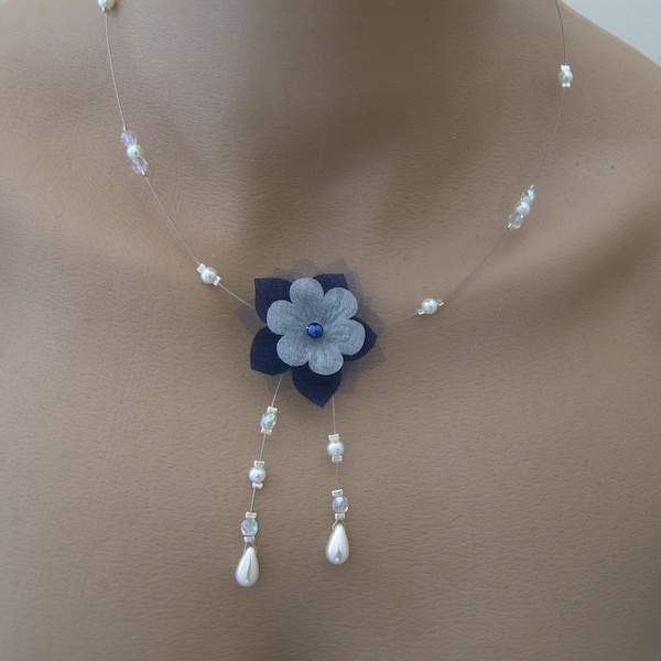 Collier Blanc/Cristal/Bleu marine nuit foncé pr robe de Mariée/Mariage/Soirée/Coktail/Cérémonie perles Fleur original pas cher