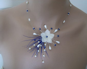 Collier Bijou couleur Personnalisable Ivoire Blanc/Bleu roi marine électrique saphir Mariée/Mariage/Soirée/Cérémonie plumes Fleur Perle