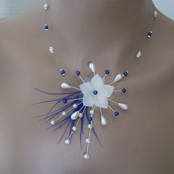 Collier Bijou couleur Personnalisable Ivoire Blanc/Bleu roi marine électrique saphir Mariée/Mariage/Soirée/Cérémonie plumes Fleur Perle