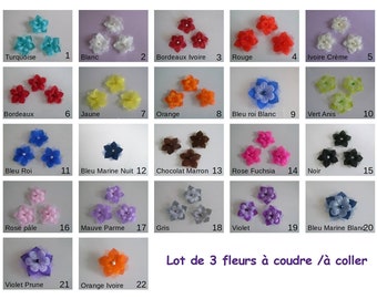 Lot de 3 Fleurs à coudre coller Mariée/Mariage/Cérémonie Déco Décoration Bleu Rose Bordeaux Turquoise Violet Marine Blanc Ivoire Vert Jaune