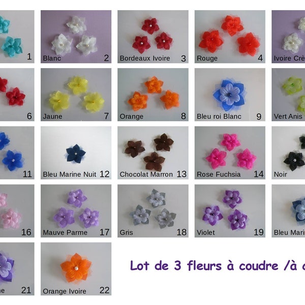 Lot de 3 Fleurs à coudre coller Mariée/Mariage/Cérémonie Déco Décoration Bleu Rose Bordeaux Turquoise Violet Marine Blanc Ivoire Vert Jaune