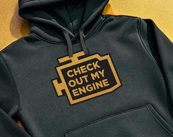 Sudadera con capucha "Check Out My Engine": sudadera bordada a color para amantes de los coches, mecánicos y aficionados a las mecánicas: un regalo ideal para tu novio aficionado a los coches.
