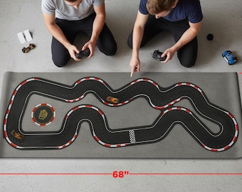 Tapete para circuito de carreras para coches Micro RC y Diecast a escala 1:64 y 1/76 / Microfibra afelpada de 61 x 173 cm, base de goma, correa de transporte.