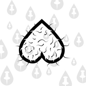 May include: A black and white illustration of a heart-shaped object with a hairy texture.